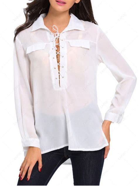 Off Lace Up High Low See Through Shirt In White Zaful