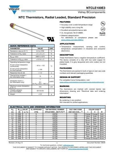 NTCLE100E3 NTC Thermistors Radial Leaded Standard Vishay