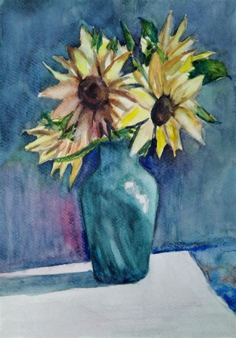 Sonnenblumen In Einer Vase Malerei Aquarell Stillleben