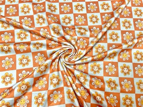 Checkerboard Smiling Fall Floral DBP Print 818 Double Brushed Polyester