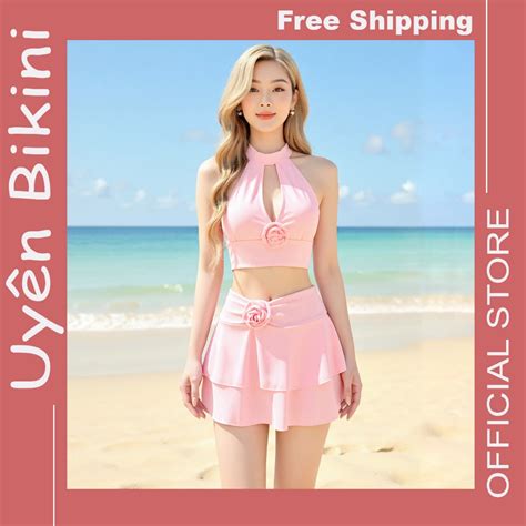 Đồ bơi áo tắm bikini set 2 món áo yếm đính hoa trà màu hồng váy cạp cao chân váy xếp tầng CV63