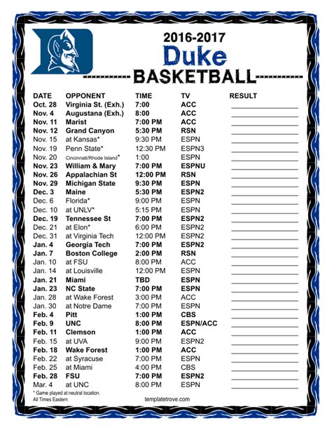 Printable 2016-2017 Duke Blue Devils Basketball Schedule