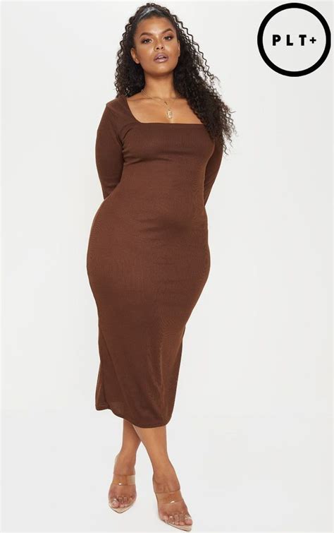 Plus Chocolate Brown Ribbed Square Neck Long Sleeve Midi Dresswere