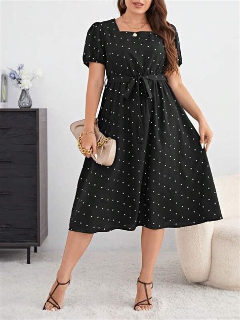 Shein Clasi Plus Polka Dot Print Puff Sleeve Belted Dress Shein Usa