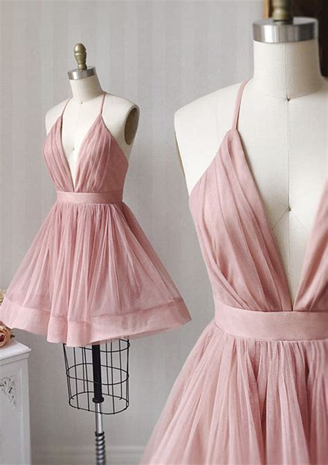 A Line V Neck Tulle Short Mini Homecoming Dress With Pleated