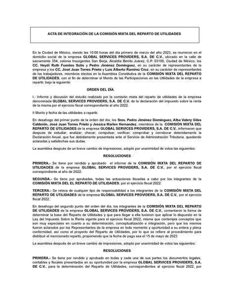 Acta De Integraci N De La Comisi N Mixta Del Reparto De Utilidades