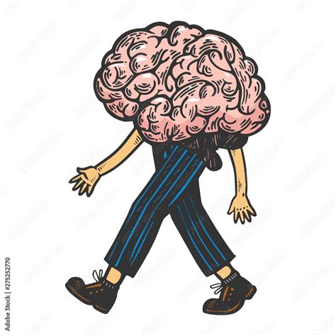 Human Brain Walks On Its Feet Color Sketch Engraving Vector