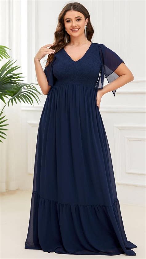 Plus Size Chiffon V Neck Ruffles Sleeve Evening Dress Evening Dresses