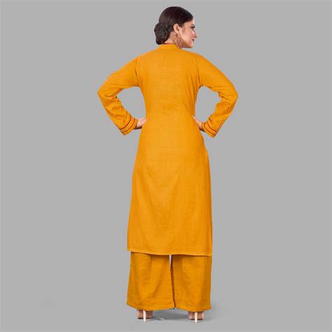 Mustard Yellow Casual Wear Floral Embroidered Silk Two Tone Palazzo Suit