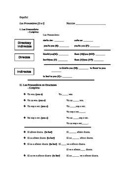 Spanish Direct And Indirect Object Pronoun Worksheet Indirect