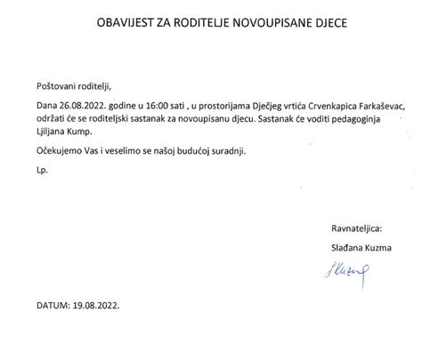 Obavijest Za Roditelje Novoupisane Djece Dje Ji Vrti Crvenkapica