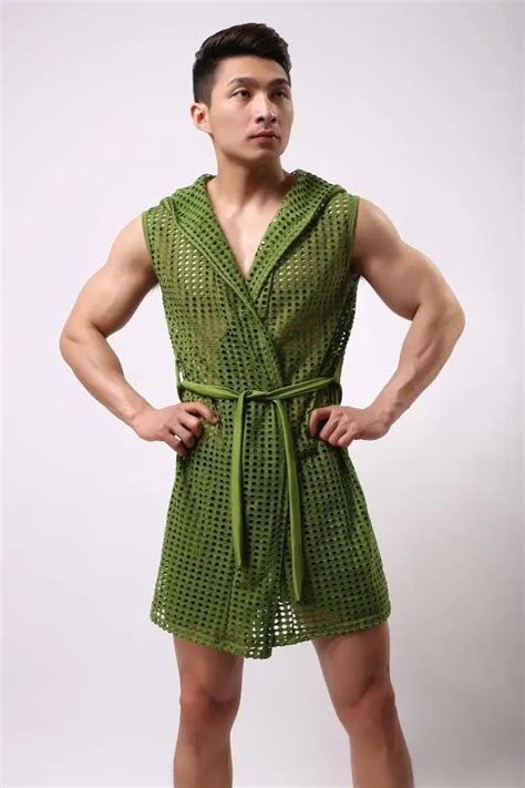 Male Bathrobe Summer Elastic Nylon Mesh Robe Men With A Hood Bathrobe