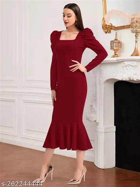 Women And Girls Puff Sleeve Square Neck Midi Dress