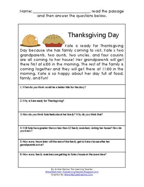 Thanksgiving Reading Passages For Rd Grade