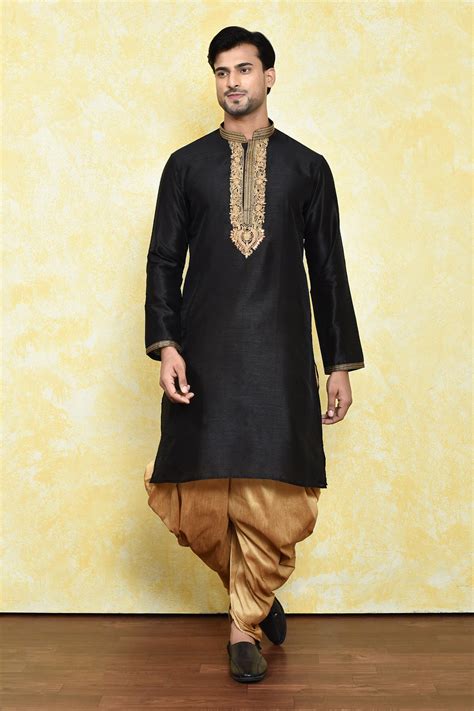 Buy Black Art Silk Embroidered Contrast Placket Kurta Set For Men By