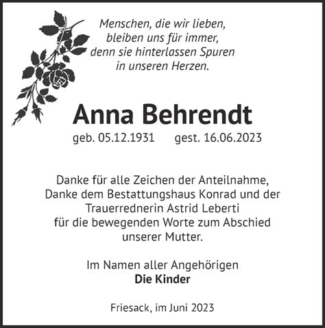 Traueranzeigen von Anna Behrendt Märkische Onlinezeitung Trauerportal