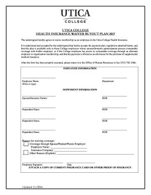 Fillable Online Utica 6 Health Waiver Form AND Memo 2017 Utica Fax