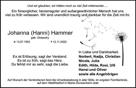 Traueranzeigen Von Johanna Hammer Vrm Trauer De