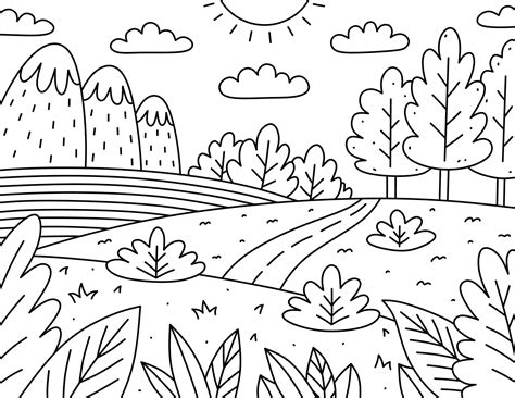 Cute Kids Coloring Page Landscape With Clouds Mountains Field Road