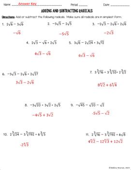 Adding And Subtracting Radical Expressions Worksheet Tpt