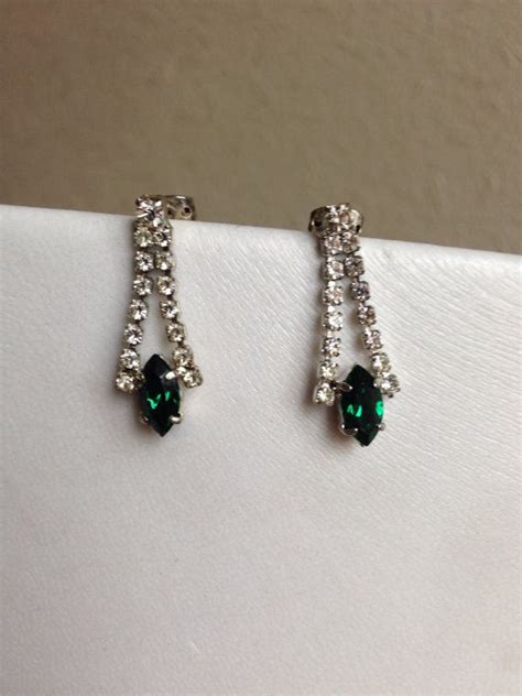 Vintage Earrings: Emerald Green and Clear Diamante Pierced | Etsy ...