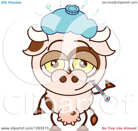 Clipart of a Sick Cartoon Cow with an Ice Pack and Thermometer ...