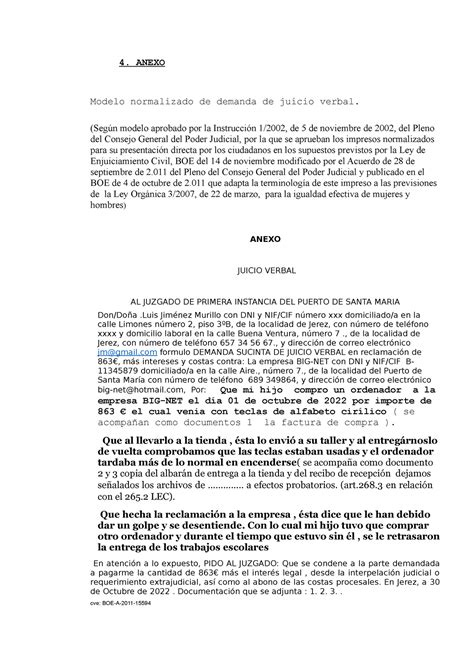 01 Modelo Normalizado De Demanda De Juicio Verbal 4 ANEXO Modelo