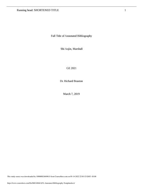 Apa Annotated Bibliography Template Running Head Shortened Title 1