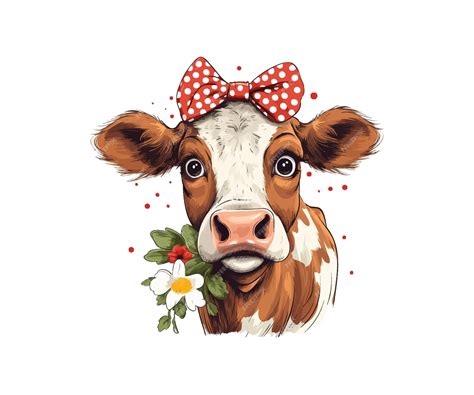 Una Linda Vaca Peluda Con Una Correa De Arco Con Puntos Rojos Diseño De Ilustración Vectorial