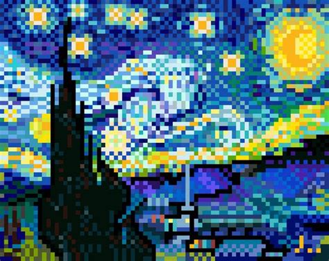 The Starry Night Vincent Willem Van Gogh Pixel Art Pixel Art