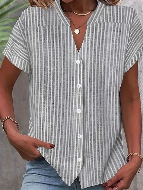 Light Gray Striped Short Sleeves Loose Top In 2024 Women Shirts Blouse Shirt Blouses Cheap