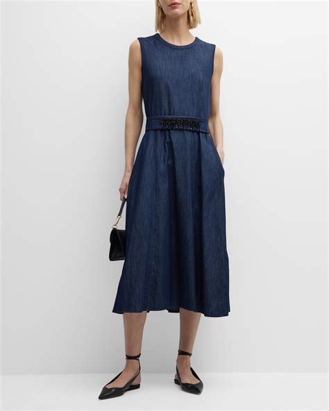 Max Mara Gin Strass Belted Denim Sleeveless Midi Dress Neiman Marcus