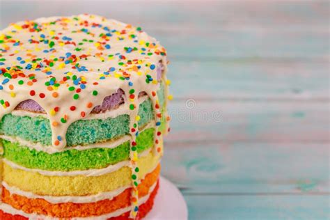 Rainbow Birthday Cake With Colorful Candles Stock Image Image Of Food