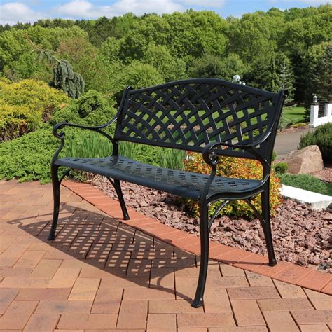 Sunnydaze Outdoor Patio Bench Black Checkered Design Durable Cast