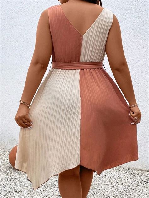 Plus Two Tone Asymmetrical Hem Belted Dress Shein Usa Em