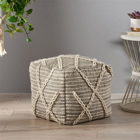 Noble House Dustin Boho Wool Pouf Ottoman Gray Ivory