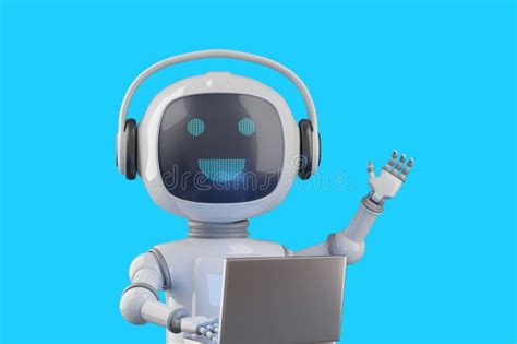 Friendly Cartoon Style Chat Robot With Laptop Waving Hello 3d