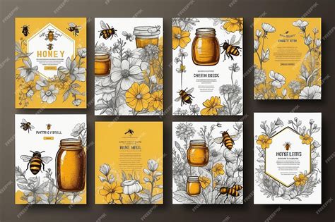 Premium Photo Honey Sketch Poster Honeycomb And Bees Flyer Set