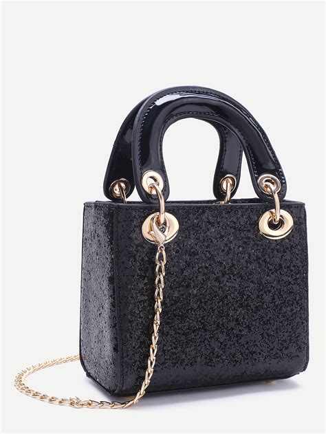 Black Chain Detail Sequin Handbag With Double Handle Sheinsheinside