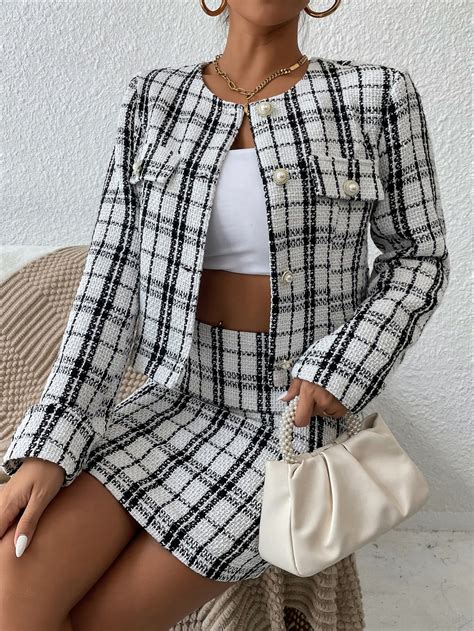 Plaid Tweed Jacket Skirt SHEIN USA