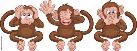 Monkeys See Hear Speak No Evil Cartoon Characters Stock Illustration | Adobe Stock