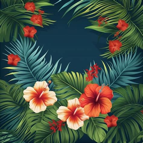 Premium Ai Image Tropical Background With Flowers And Palm Leaves