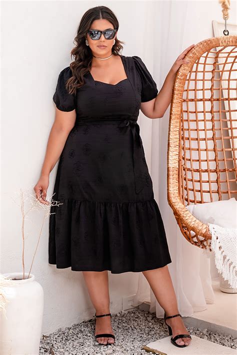 Vestido Plus Size Midi Preto Bordado Vk Moda Plus Size