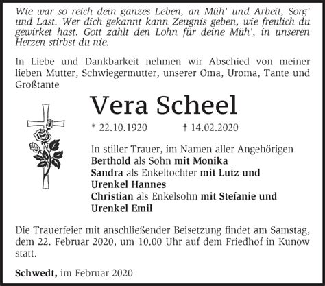 Traueranzeigen von Vera Scheel Märkische Onlinezeitung Trauerportal