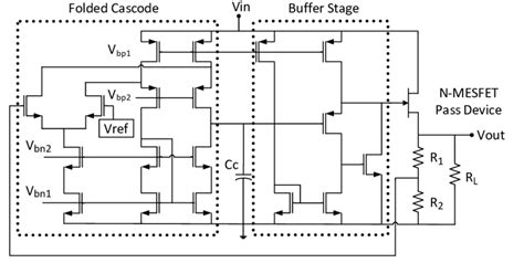 Circuit schematic of a MESFET based linear regulator with integrated... | Download Scientific ...