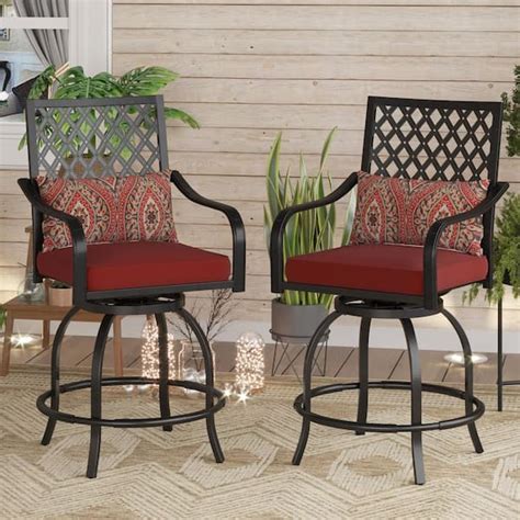 Phi Villa Swivel Metal Outdoor Bar Stool With Red Cushion 2 Pack Thd