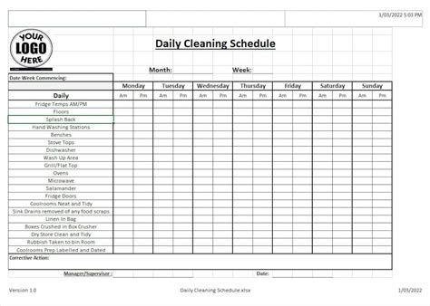 Haccp Cleaning Schedule Template