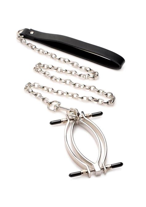 Master Series Pussy Tugger Adjustable Pussy Clamp With Leash Silver