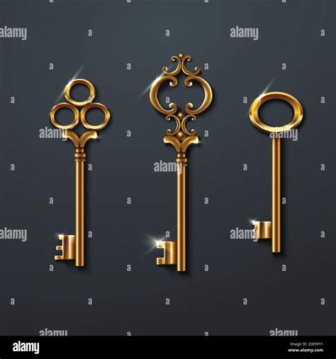 3d Realistic Vector Collection Of Golden Old Vintage Keys Stock Vector