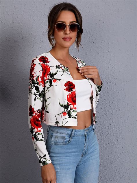 Shein Clasi Floral Print Open Front Crop Jacket Shein Usa